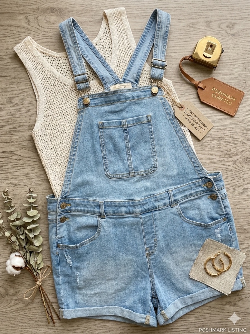 ⁠Thereabouts Denim Overall Shorts Size 18.5 Plus Light Wash Stretch Shortalls